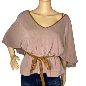 Ella Blue Blouse With Dolman / Batwing Sleeves Tan Belted Size Large